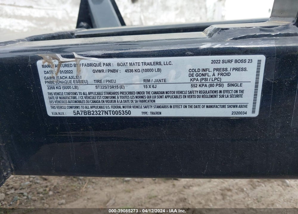 2022 BOATMATE TRAILERS SURFBOSS 23B VIN: 5A7BB2327NT005350