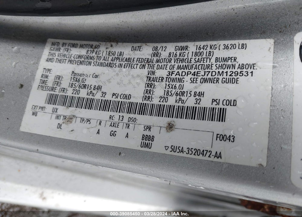 2013 FORD FIESTA VIN: 3FADP4EJ7DM129531