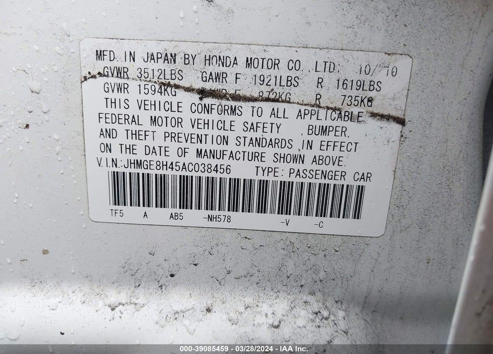 2010 HONDA FIT SPORT VIN: JHMGE8H45AC038456