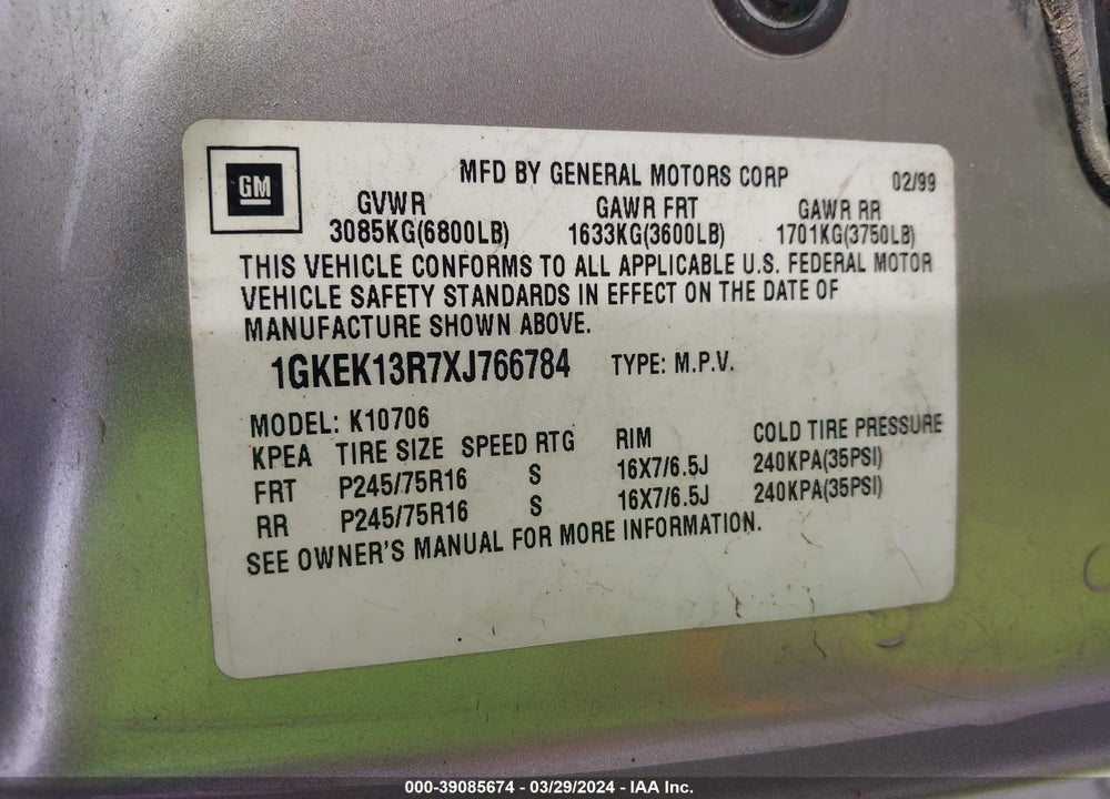 1999 GMC YUKON SLE VIN: 1GKEK13R7XJ766784