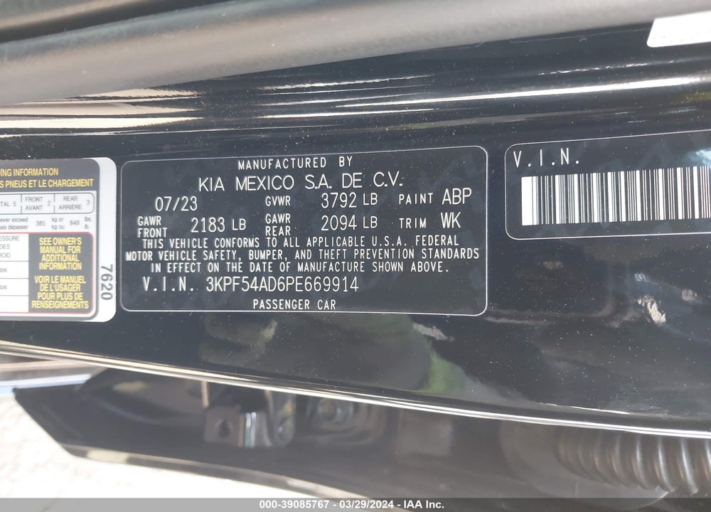 2023 KIA FORTE GT LINE VIN: 3KPF54AD6PE669914