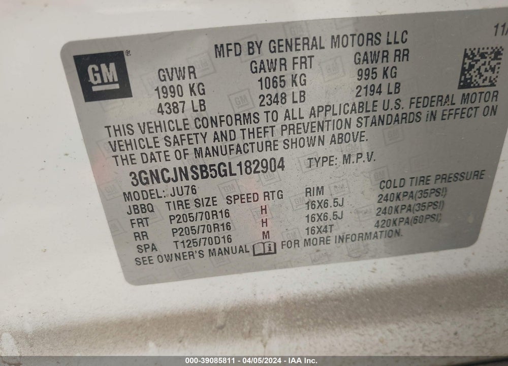2016 CHEVROLET TRAX 1LS VIN: 3GNCJNSB5GL182904