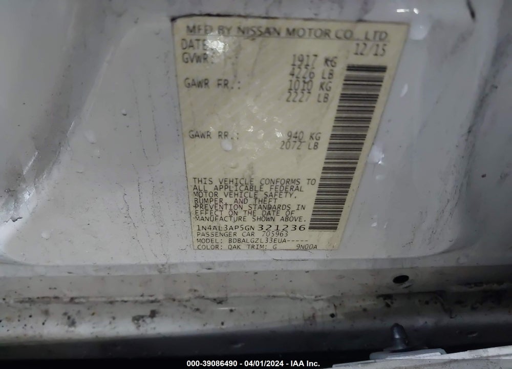 2016 NISSAN ALTIMA 2.5/2.5 S/2.5 SL/2.5 SR/2.5 SV VIN: 1N4AL3AP5GN321236