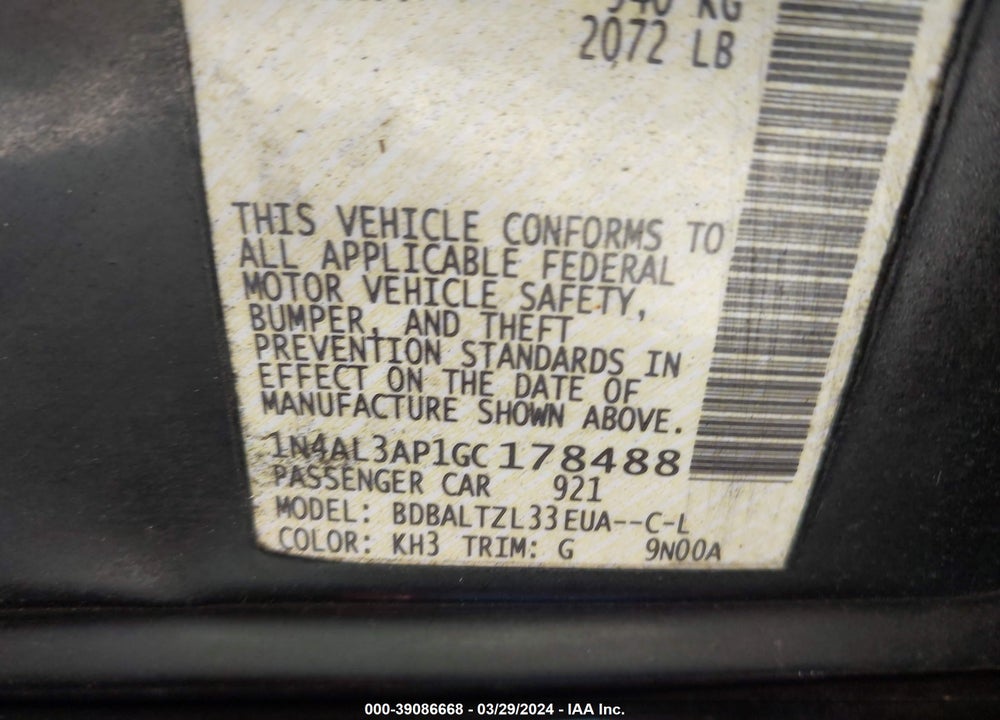 2016 NISSAN ALTIMA 2.5 SL VIN: 1N4AL3AP1GC178488
