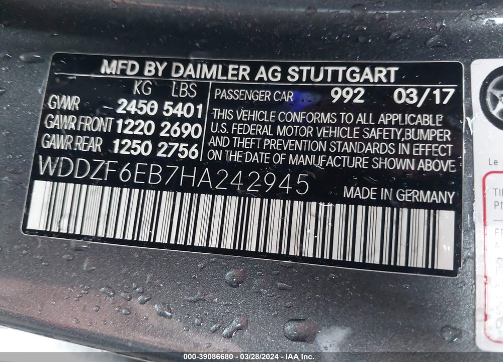 2017 MERCEDES-BENZ AMG E 43 4MATIC VIN: WDDZF6EB7HA242945