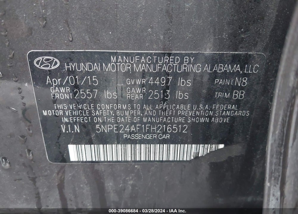 2015 HYUNDAI SONATA SE VIN: 5NPE24AF1FH216512