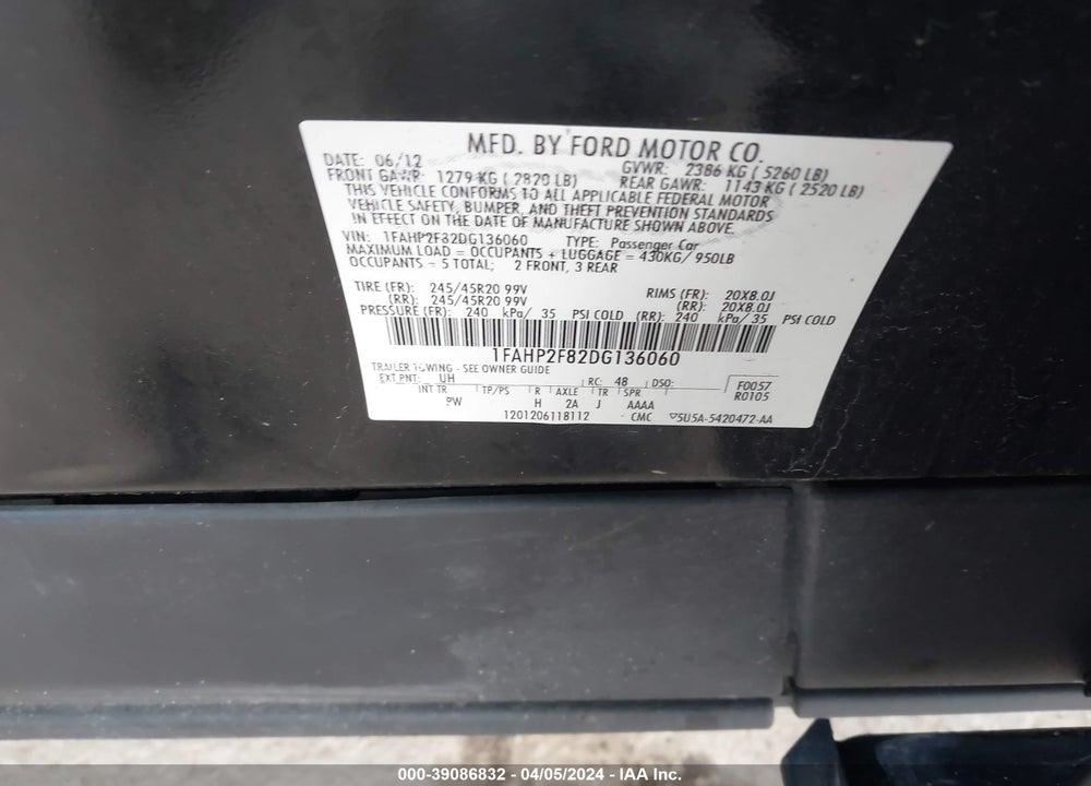 2013 FORD TAURUS LIMITED VIN: 1FAHP2F82DG136060