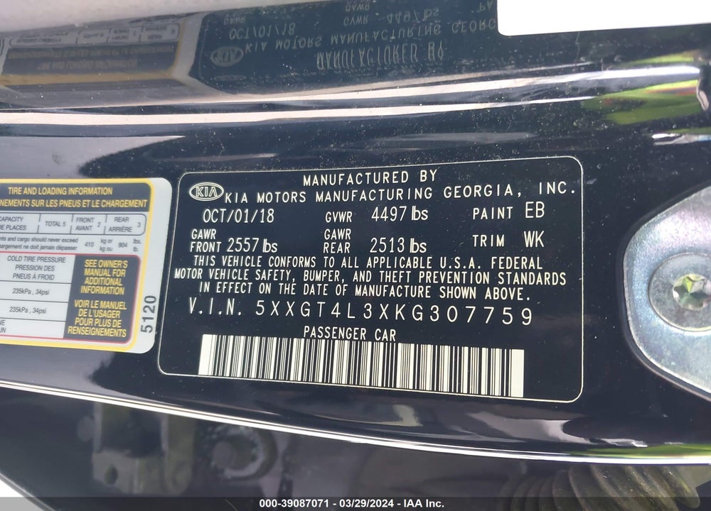 2019 KIA OPTIMA LX VIN: 5XXGT4L3XKG307759