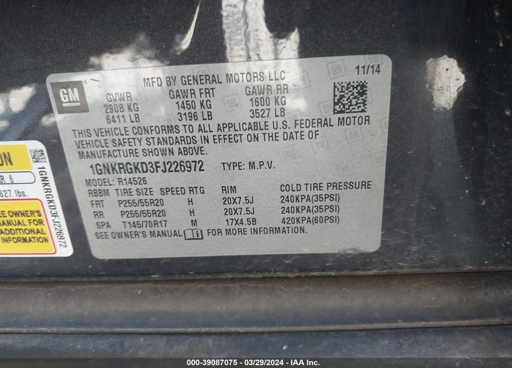 2015 CHEVROLET TRAVERSE 1LT VIN: 1GNKRGKD3FJ226972