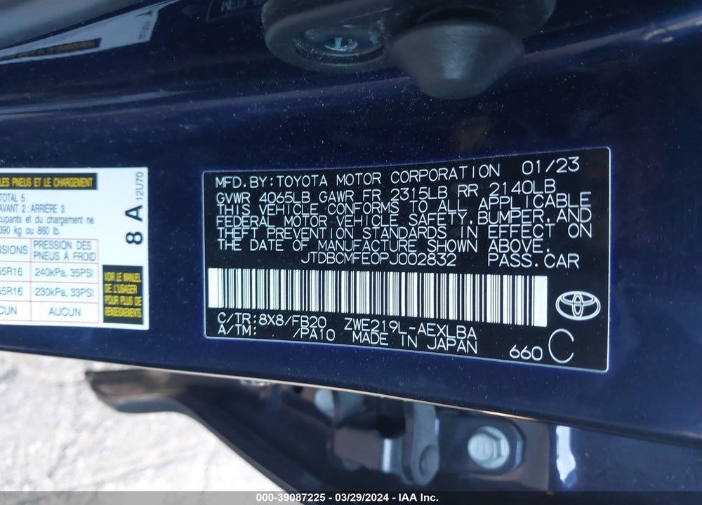2023 TOYOTA COROLLA HYBRID LE VIN: JTDBCMFE0PJ002832