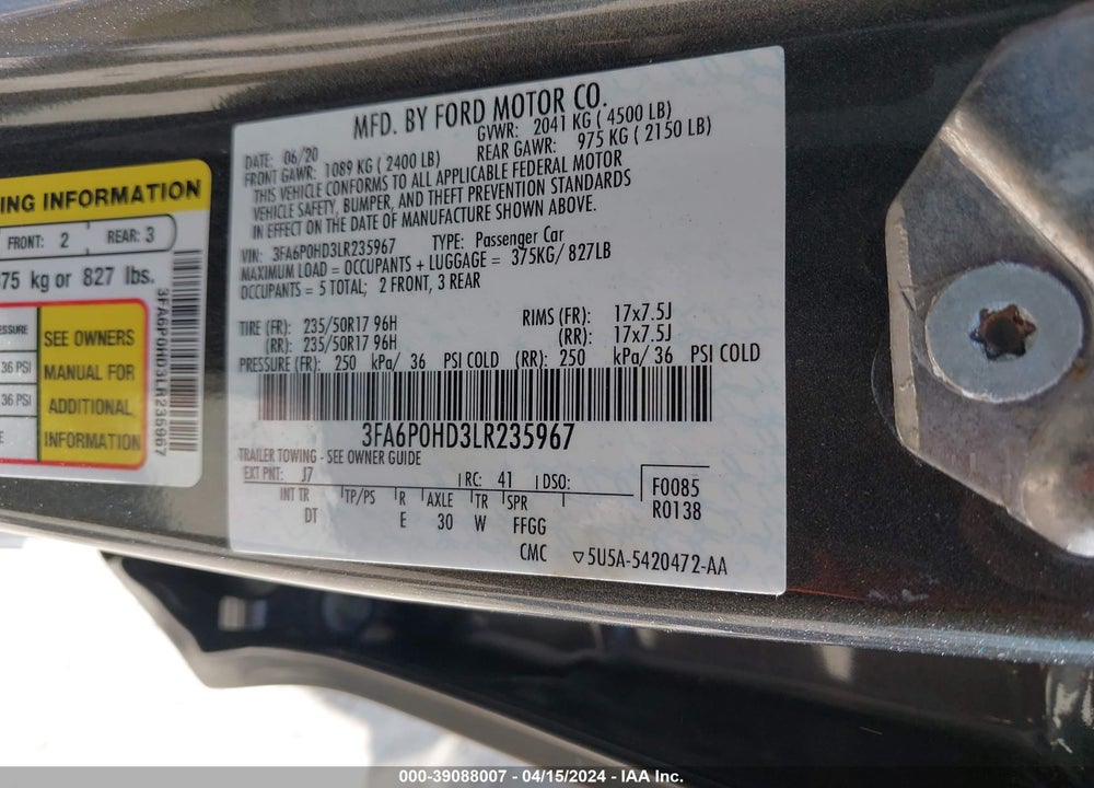2020 FORD FUSION SE VIN: 3FA6P0HD3LR235967