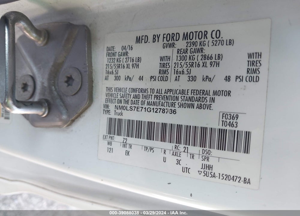 2016 FORD TRANSIT CONNECT XL VIN: NM0LS7E71G1278736