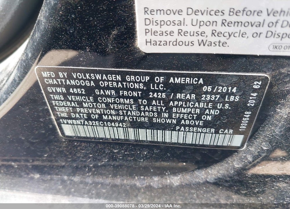 2014 VOLKSWAGEN PASSAT 2.0L TDI SE VIN: 1VWBN7A32EC104942