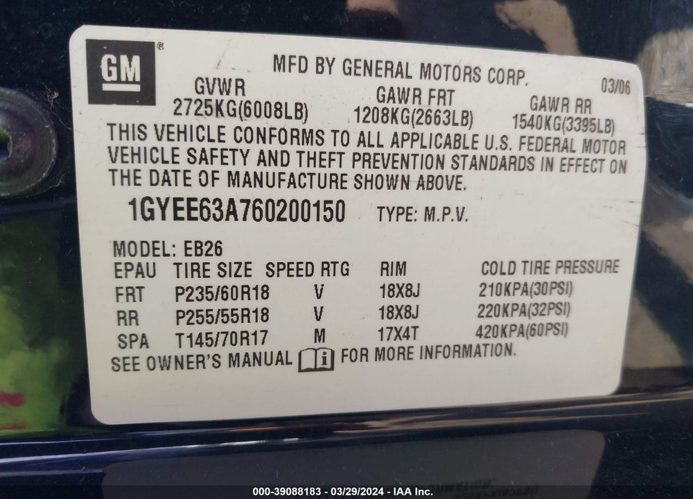 2006 CADILLAC SRX V8 VIN: 1GYEE63A760200150