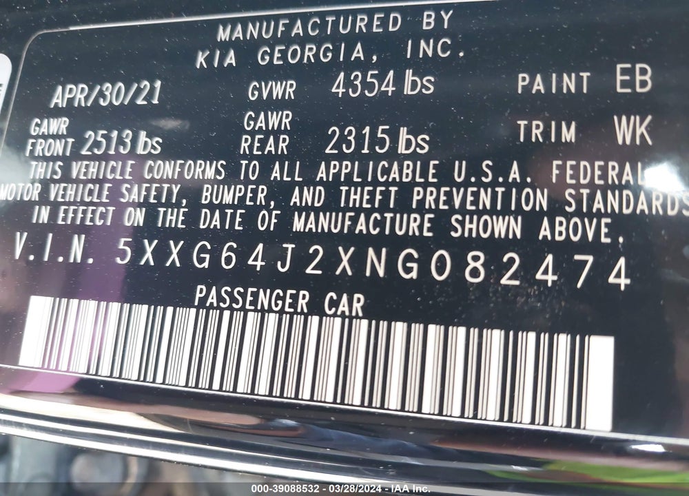 2022 KIA K5 GT LINE VIN: 5XXG64J2XNG082474