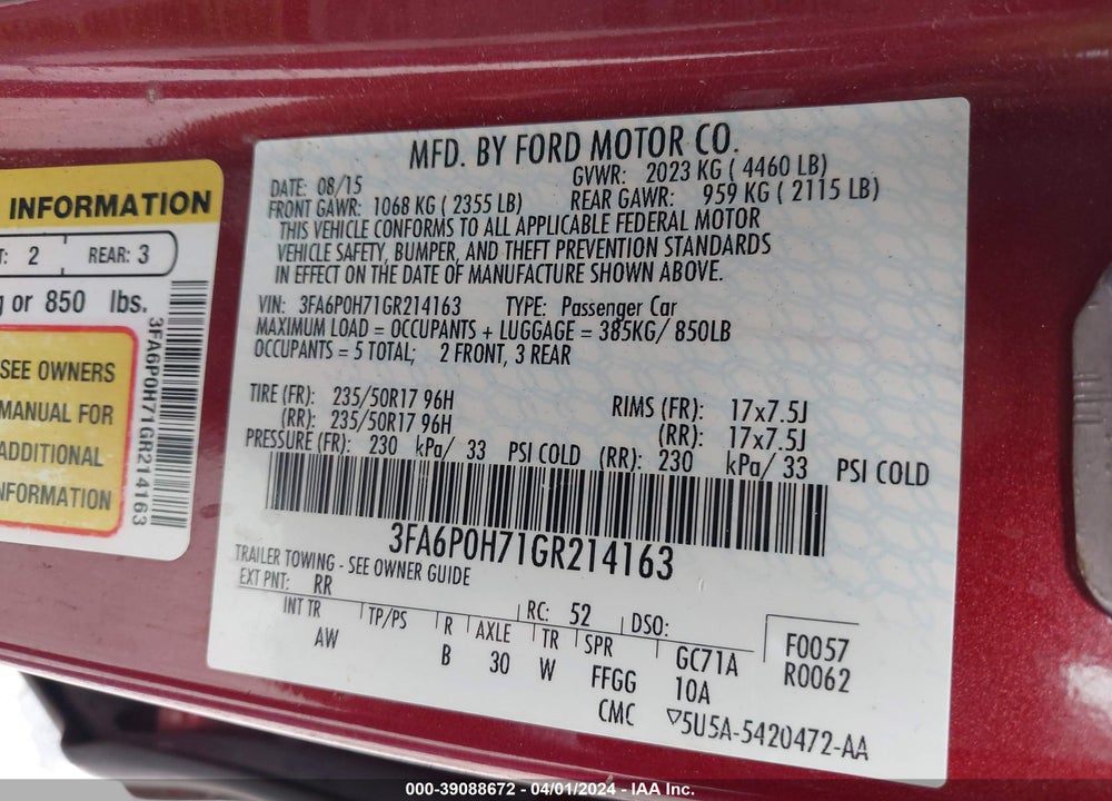 2016 FORD FUSION SE VIN: 3FA6P0H71GR214163