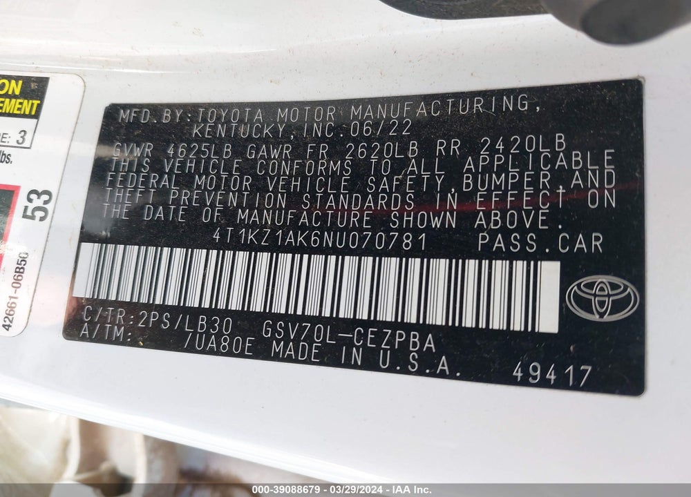 2022 TOYOTA CAMRY XSE V6 VIN: 4T1KZ1AK6NU070781
