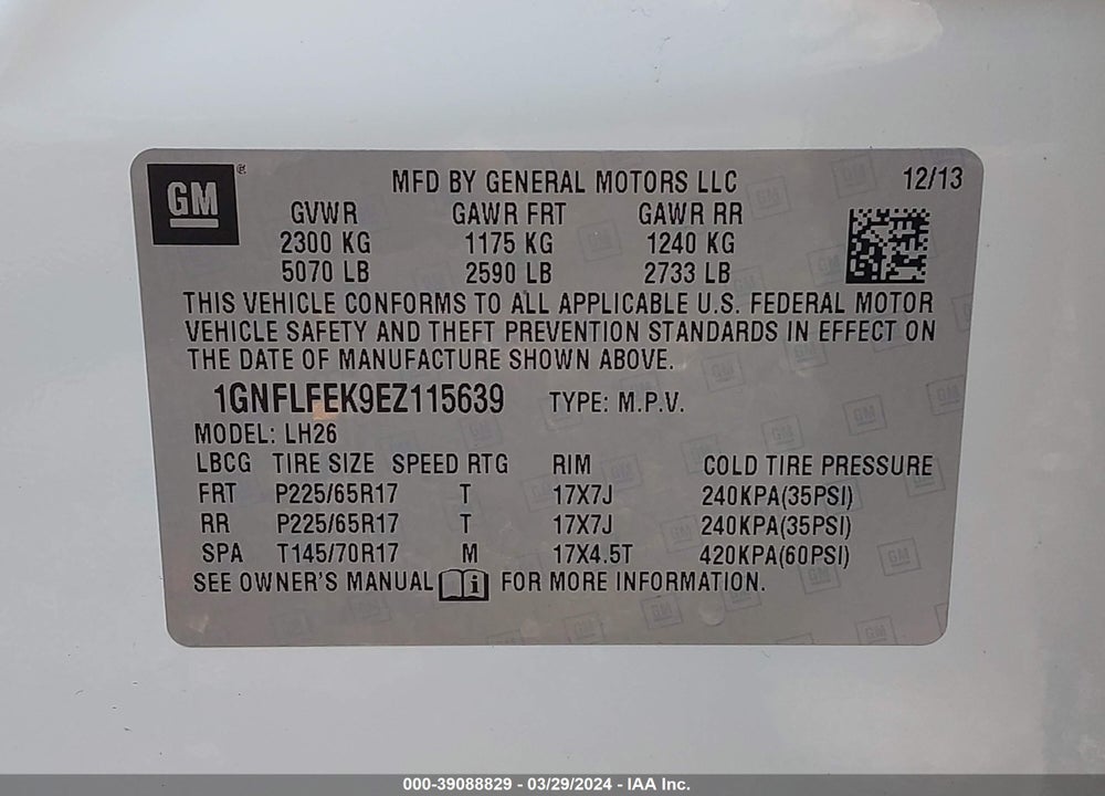 2014 CHEVROLET EQUINOX 1LT VIN: 1GNFLFEK9EZ115639