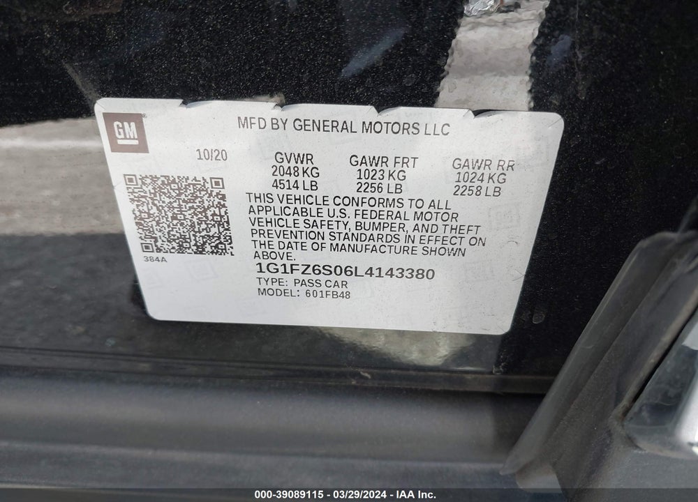 2020 CHEVROLET BOLT EV FWD PREMIER VIN: 1G1FZ6S06L4143380