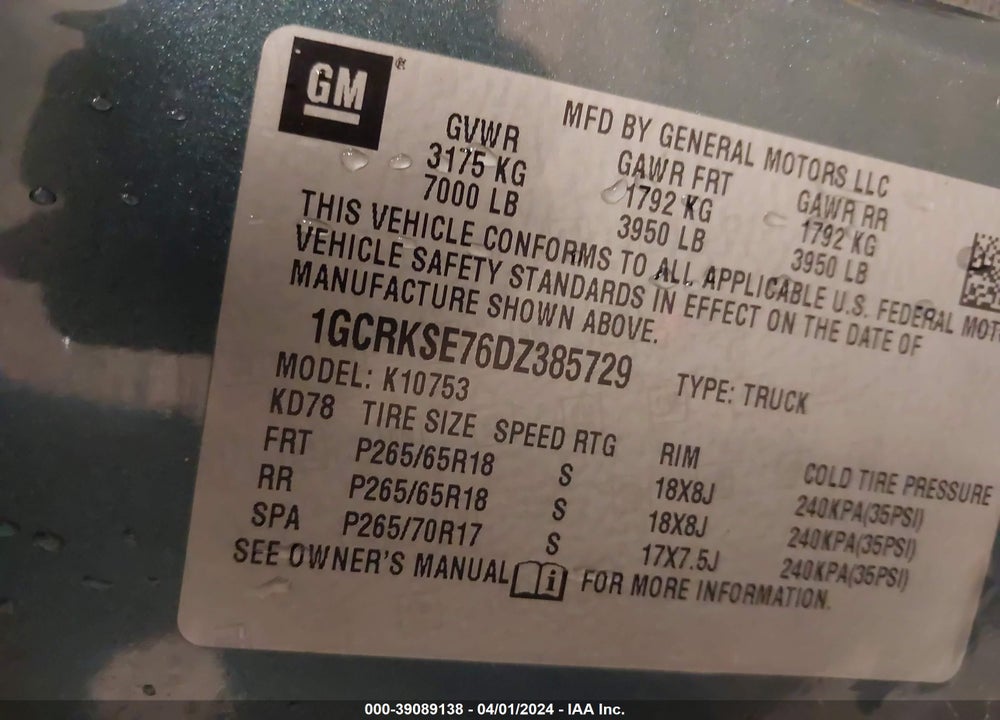 2013 CHEVROLET SILVERADO 1500 LT VIN: 1GCRKSE76DZ385729