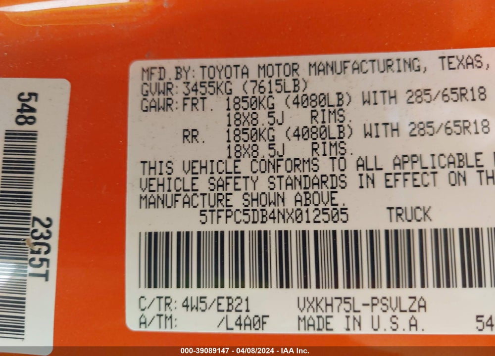 2022 TOYOTA TUNDRA HYBRID VIN: 5TFPC5DB4NX012505