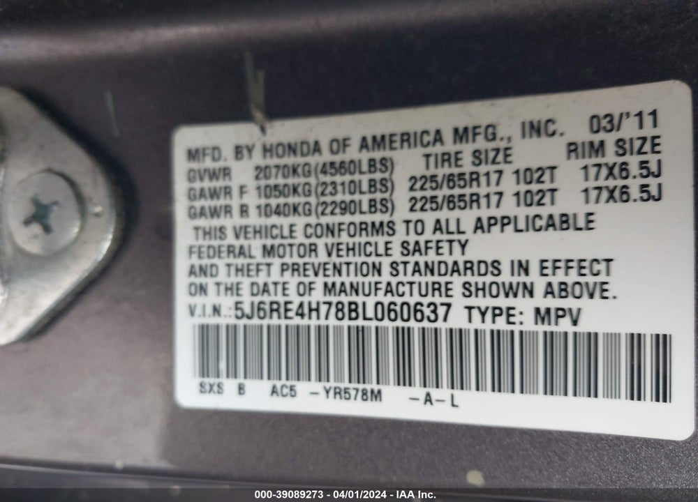 2011 HONDA CR-V EX-L VIN: 5J6RE4H78BL060637