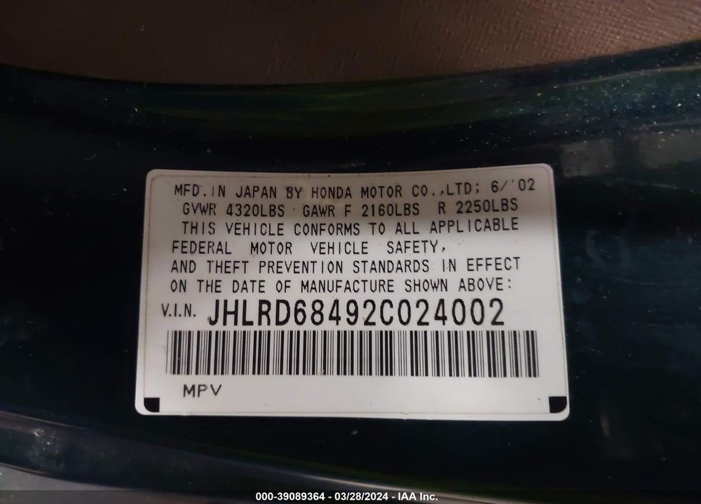 2002 HONDA CR-V LX VIN: JHLRD68492C024002