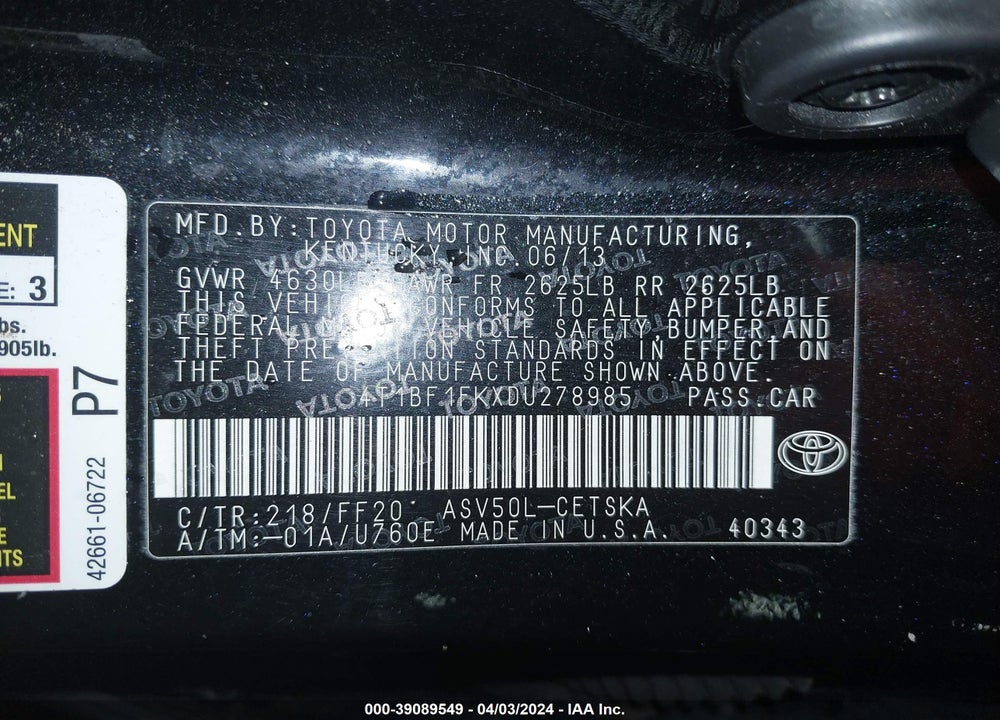 2013 TOYOTA CAMRY SE VIN: 4T1BF1FKXDU278985