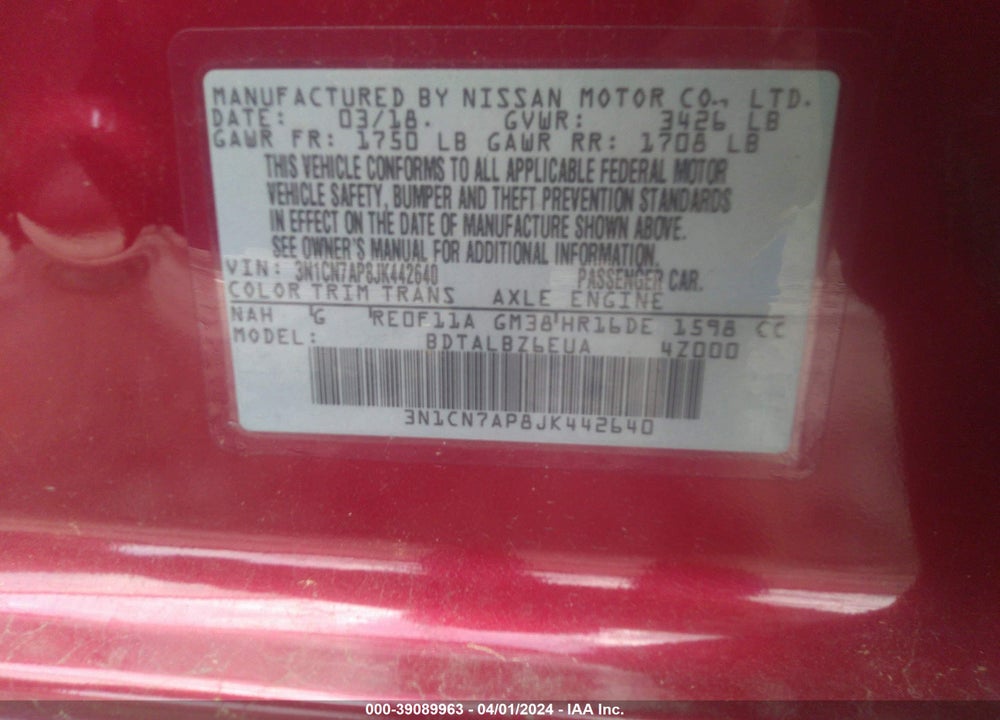 2018 NISSAN VERSA 1.6 SV VIN: 3N1CN7AP8JK442640