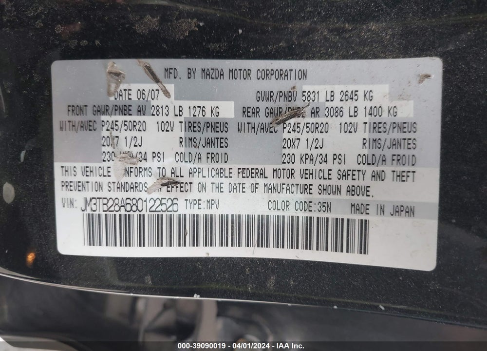 2008 MAZDA CX-9 GRAND TOURING VIN: JM3TB28A680122526