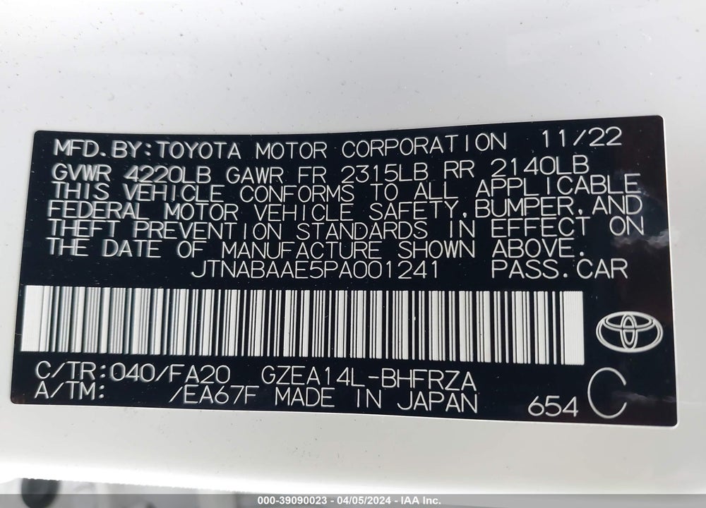 2023 TOYOTA GR COROLLA CORE VIN: JTNABAAE5PA001241