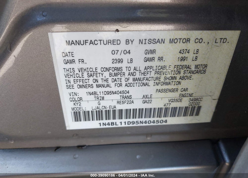 2005 NISSAN ALTIMA 3.5 SE VIN: 1N4BL11D95N404504