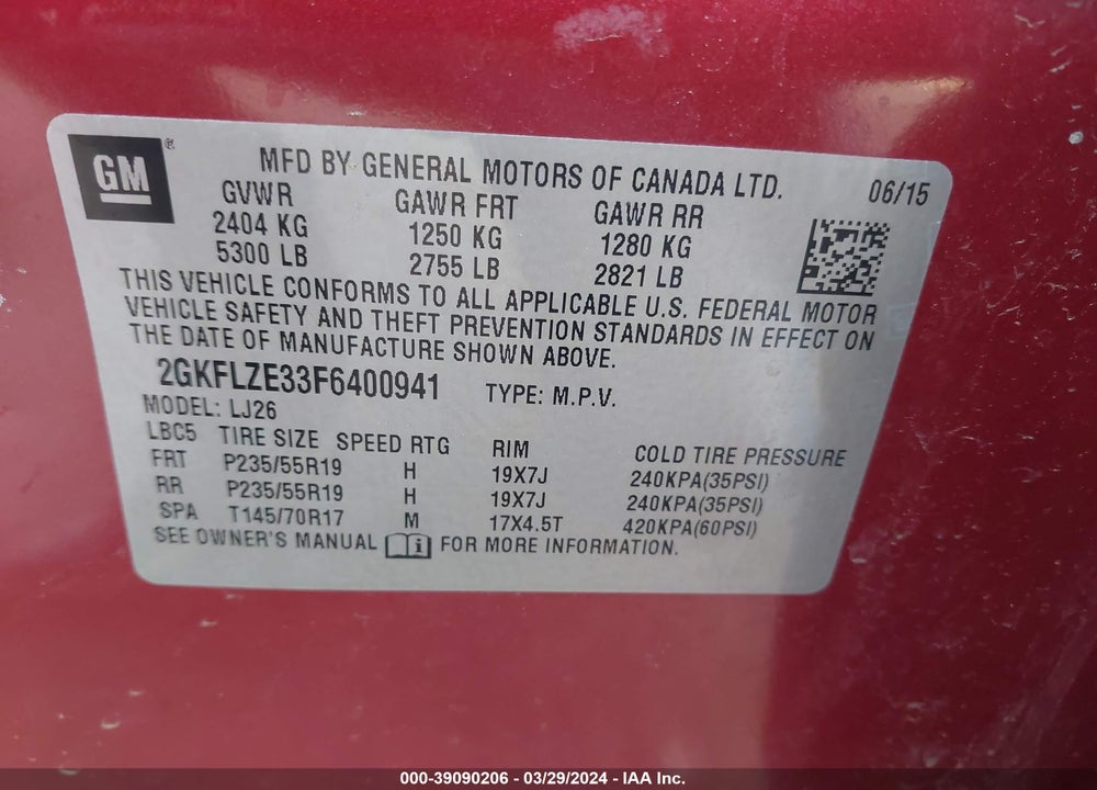2015 GMC TERRAIN DENALI VIN: 2GKFLZE33F6400941
