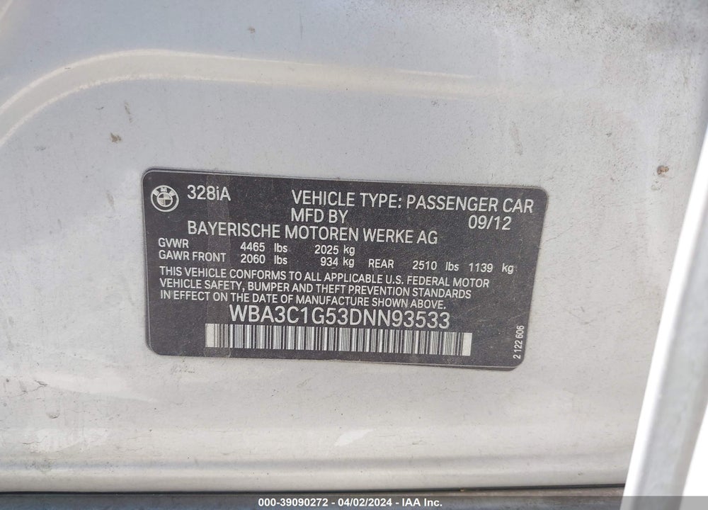 2013 BMW 328I VIN: WBA3C1G53DNN93533