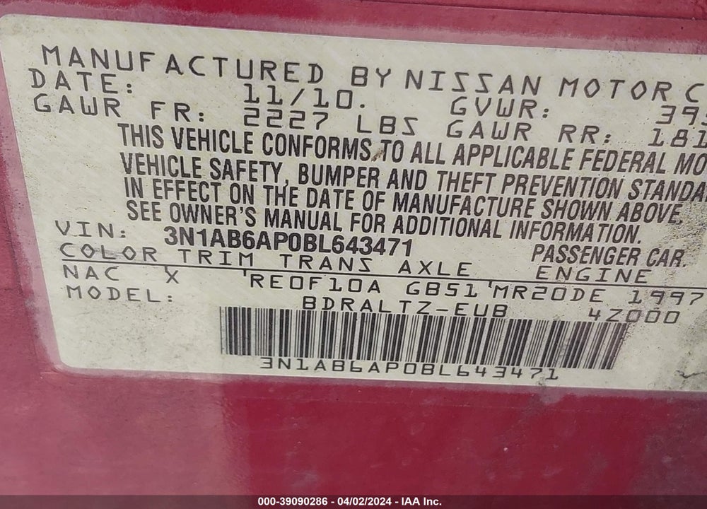 2011 NISSAN SENTRA 2.0S VIN: 3N1AB6AP0BL643471