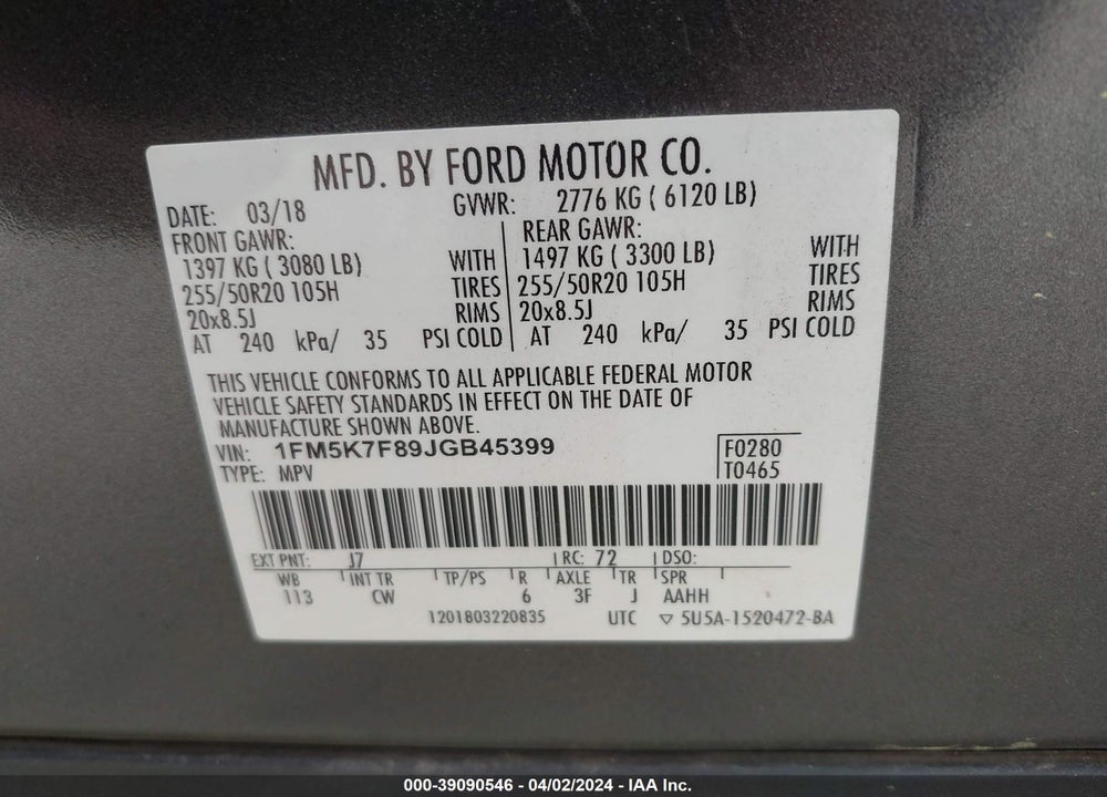 2018 FORD EXPLORER LIMITED VIN: 1FM5K7F89JGB45399