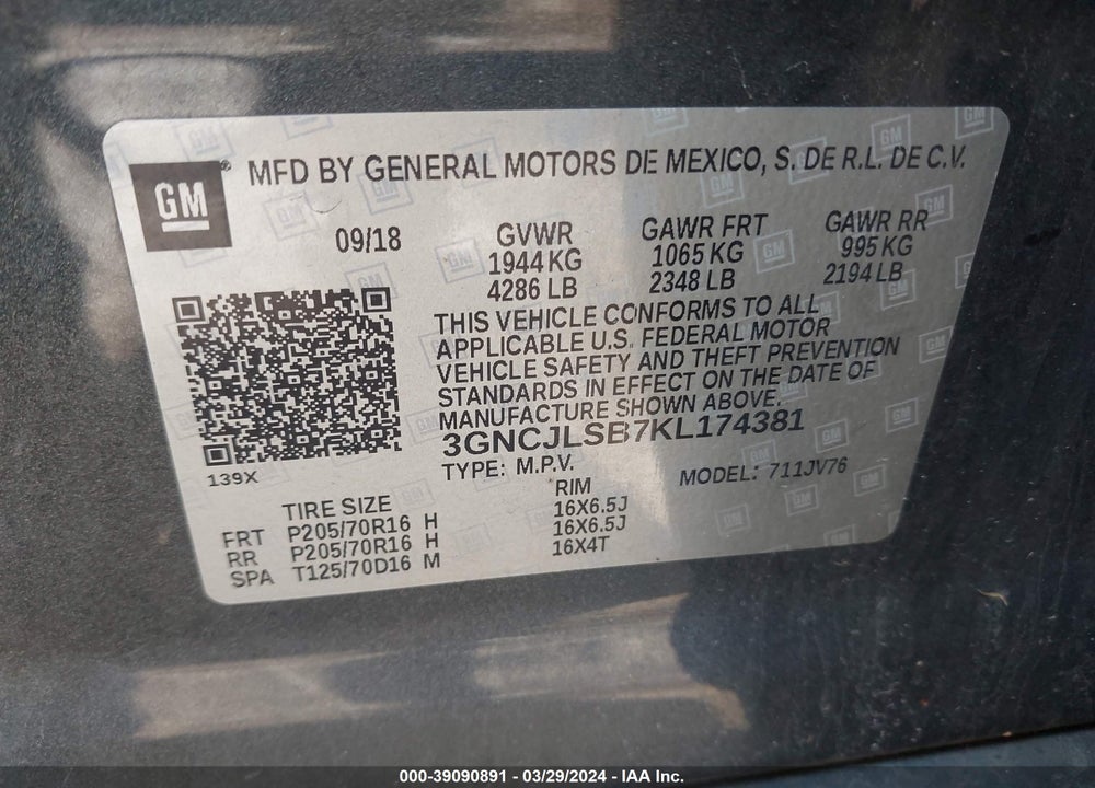 2019 CHEVROLET TRAX LT VIN: 3GNCJLSB7KL174381