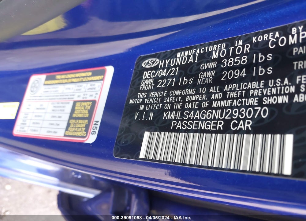 2022 HYUNDAI ELANTRA SEL VIN: KMHLS4AG6NU293070