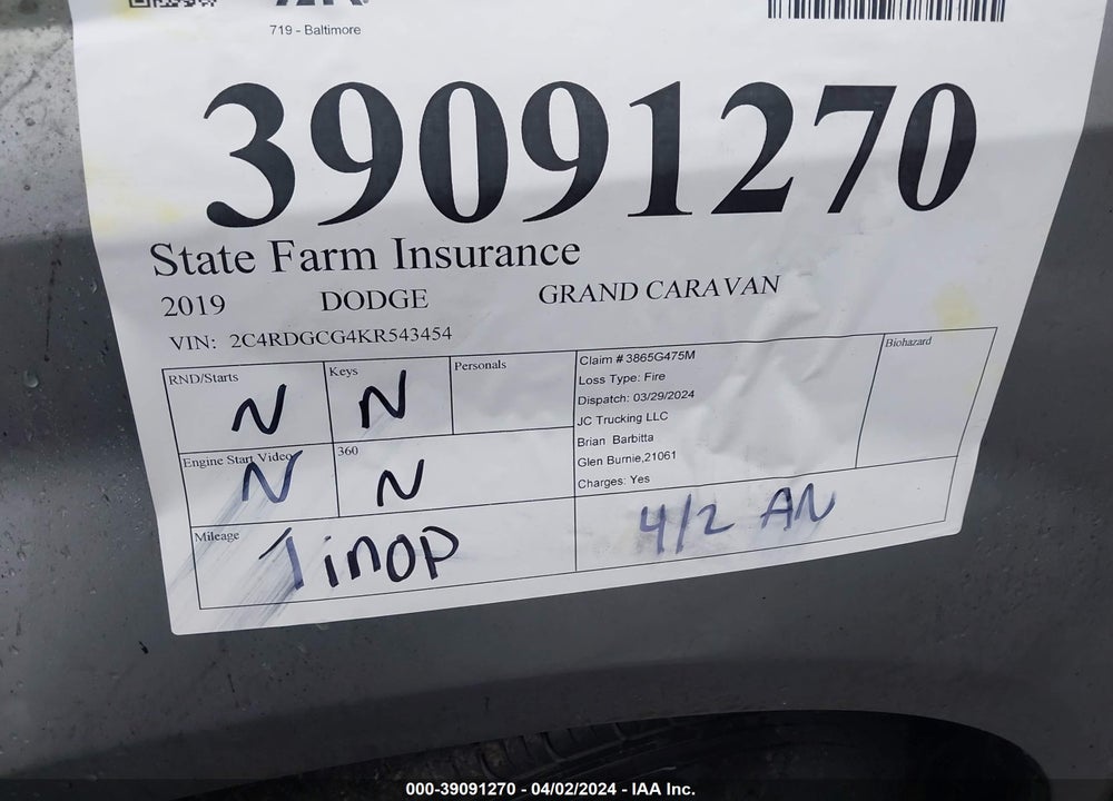 2019 DODGE GRAND CARAVAN SXT VIN: 2C4RDGCG4KR543454