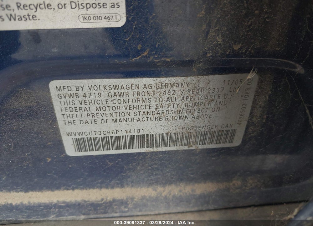 2006 VOLKSWAGEN PASSAT 3.6 VIN: WVWCU73C66P114181
