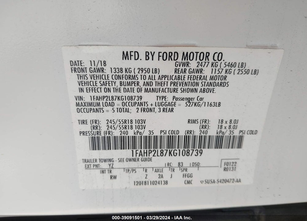 2019 FORD POLICE INTERCEPTOR VIN: 1FAHP2L87KG108739