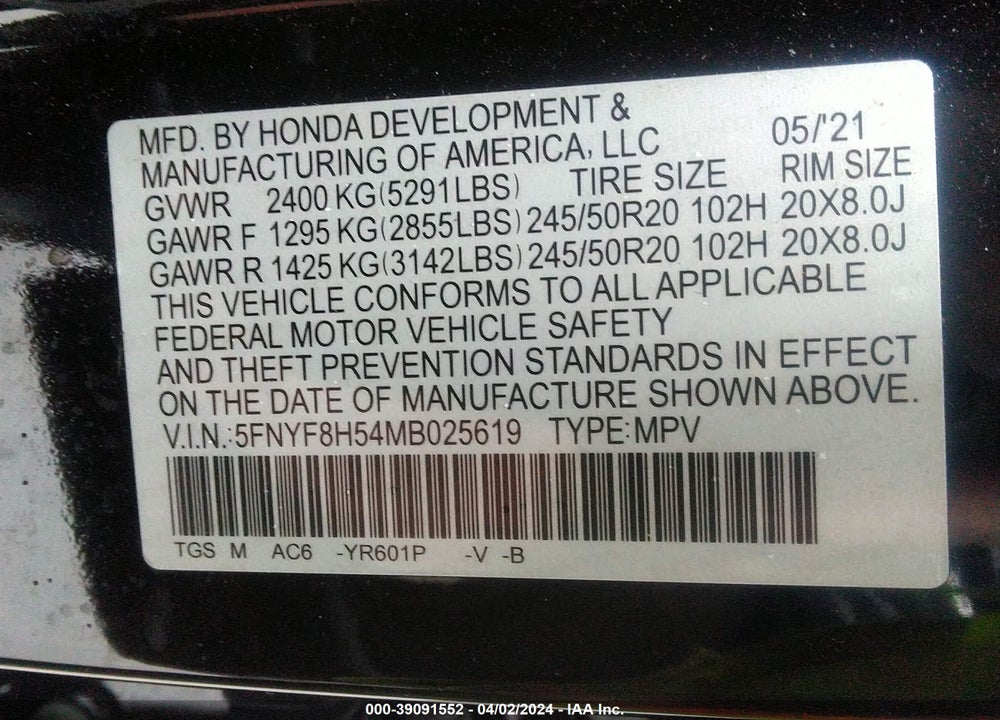 2021 HONDA PASSPORT AWD EX-L VIN: 5FNYF8H54MB025619