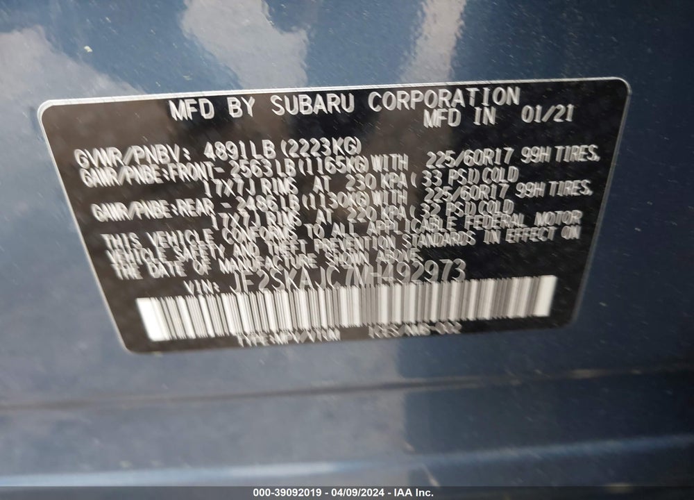 2021 SUBARU FORESTER PREMIUM VIN: JF2SKAJC7MH492973