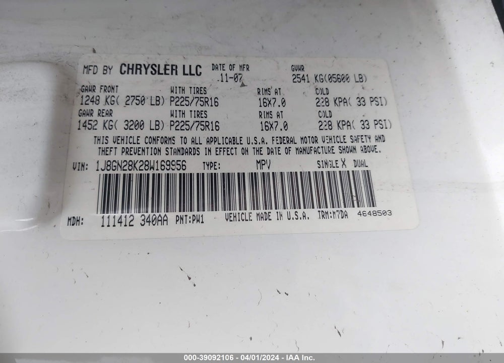 2008 JEEP LIBERTY SPORT VIN: 1J8GN28K28W169956