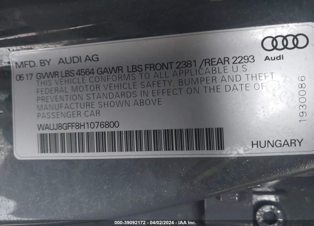 2017 AUDI A3 2.0T PREMIUM VIN: WAUJ8GFF8H1076800