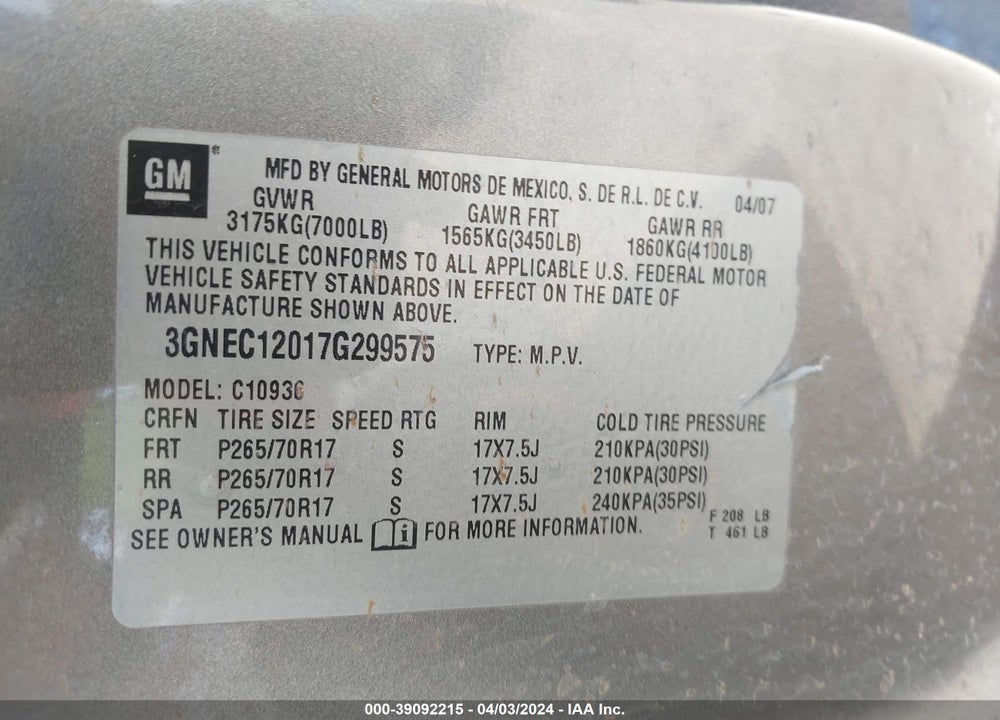 2007 CHEVROLET AVALANCHE 1500 LS VIN: 3GNEC12017G299575