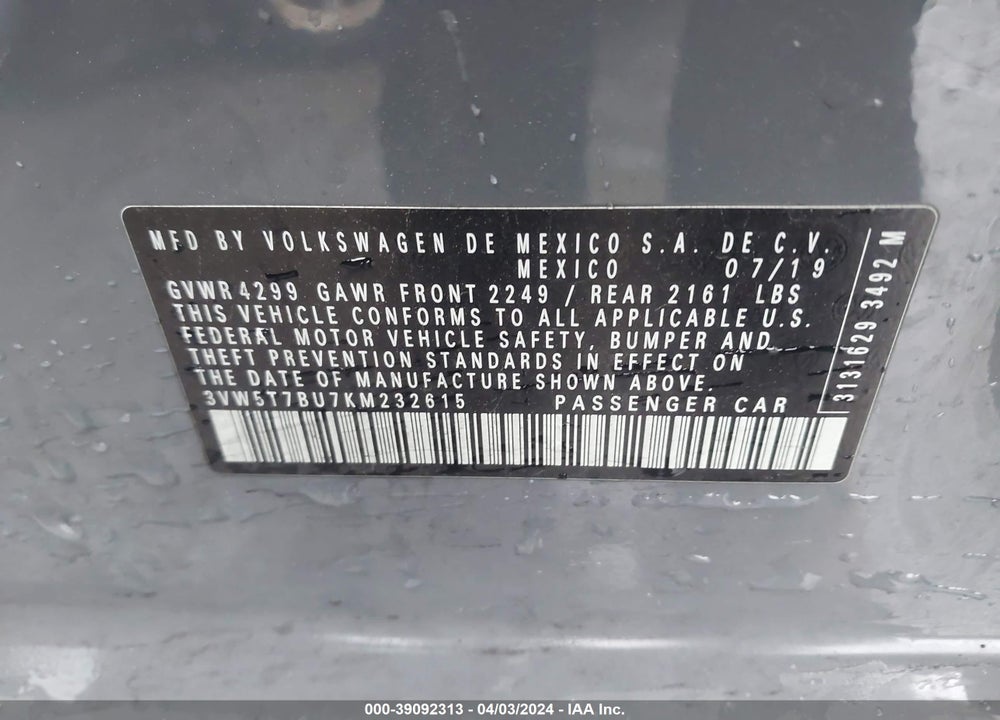 2019 VOLKSWAGEN JETTA GLI 2.0T 35TH ANNIVERSARY EDITION/2.0T AUTOBAHN/2.0T S VIN: 3VW5T7BU7KM232615