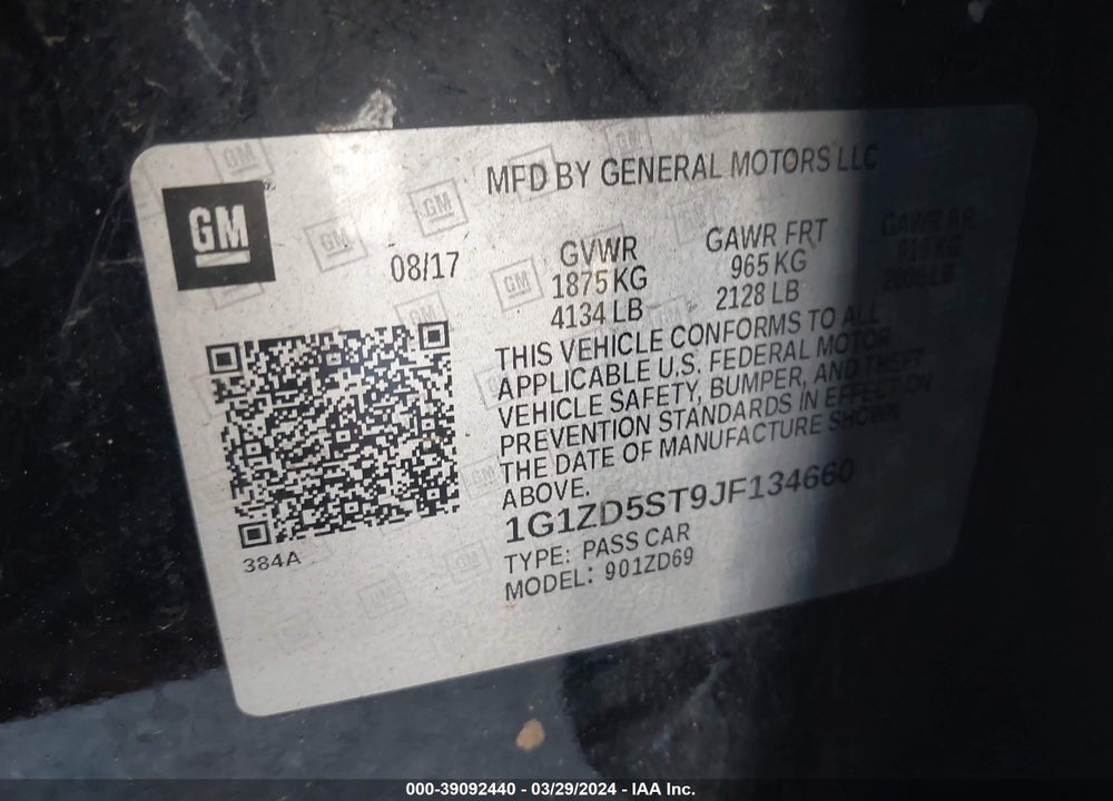 2018 CHEVROLET MALIBU LT VIN: 1G1ZD5ST9JF134660