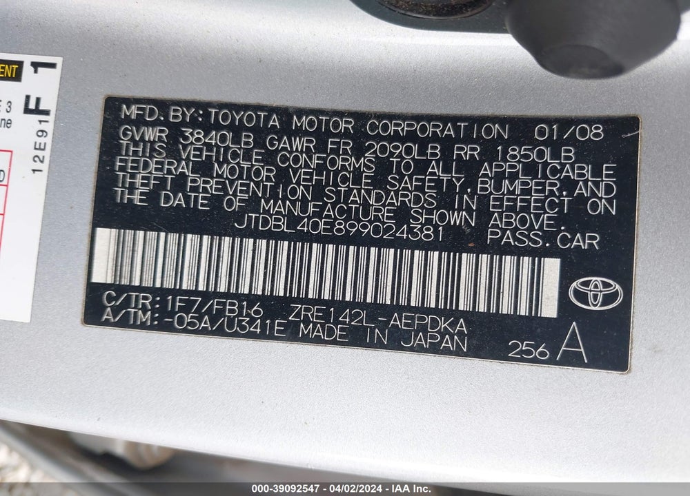 2009 TOYOTA COROLLA LE VIN: JTDBL40E899024381