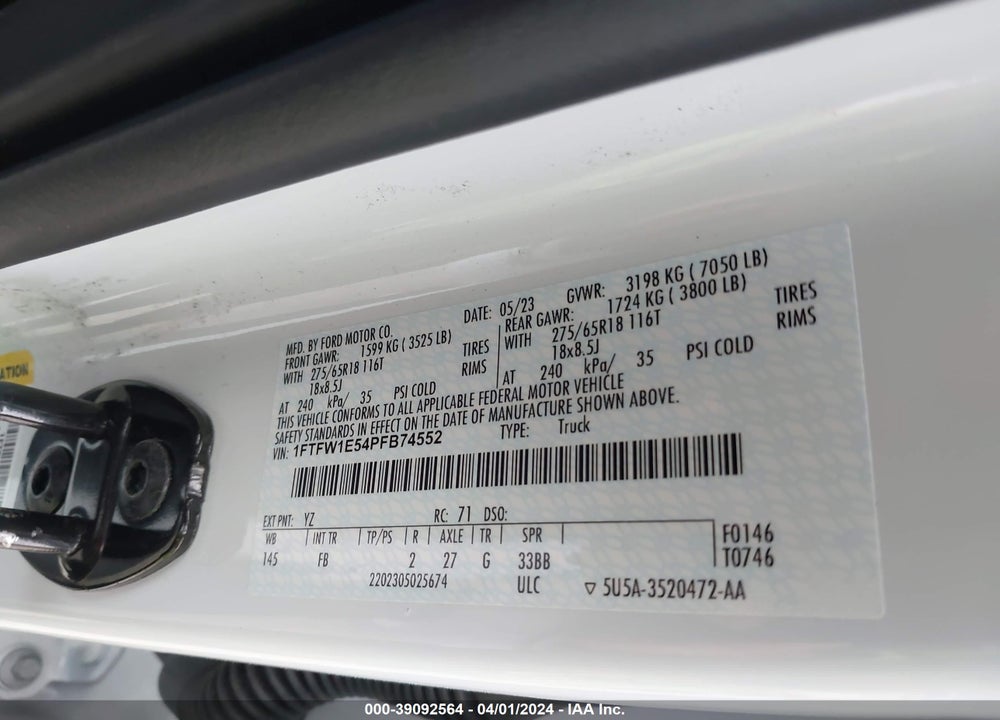 2023 FORD F-150 XLT VIN: 1FTFW1E54PFB74552